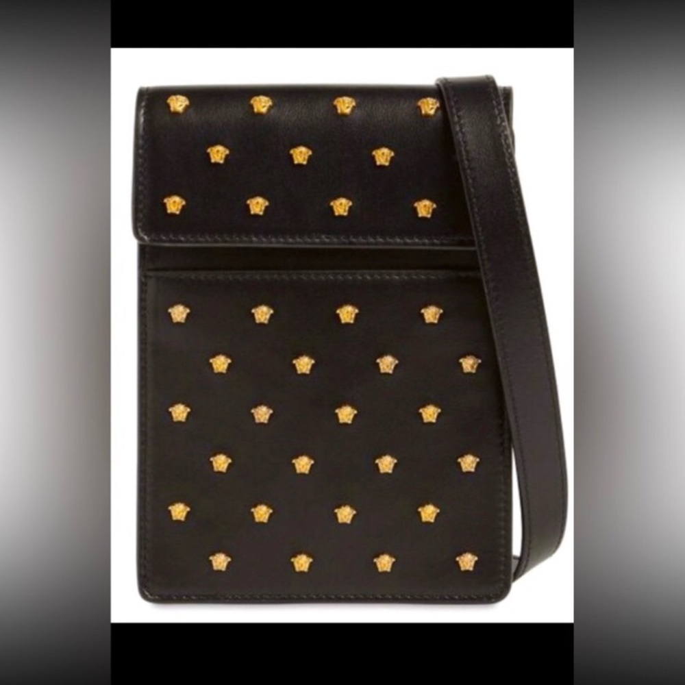 VERSACE Authentic Gold Medusa Head Studded Black Leather Bag